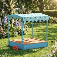 AIYAPLAY Caixa de Areia para Crianças 3-6 Anos com Cobertura Dinossauros, Assentos Dobráveis, Tampa e Forro Incluídos, Caixa de Areia em Abeto, 134.5x127.5x130 cm, Azul(m-4)