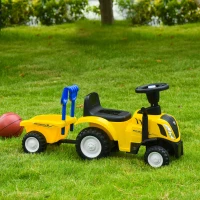 HOMCOM Porteur tracteur enfants avec coffre amovible, râteau et pelle, voiture enfants avec lumière LED et klaxon, jaune(m-10)