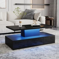 Tavolino da salotto a 2 livelli con luce LED a 16 colori, ripiano aperto e cassetto, 100x50x39 cm, Nero(m-5)