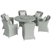 Outsunny Rattan Garden Dining Set with Turntable, Marble Effect Glass Round Garden Table and Chairs with Aluminium Frame, Grey(m-1)