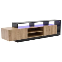 Dulap TV modern, cu iluminare LED și spațiu de depozitare deschis, 190x40x48,5 cm, Negru + Culoare naturală(m-14)