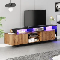Dulap TV modern, cu iluminare LED și spațiu de depozitare deschis, 190x40x48,5 cm, Negru + Culoare naturală(m-2)