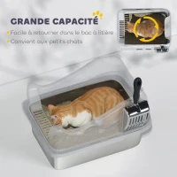 PawHut Bac à litière en acier inoxydable, maison de toilette pour chat, bords hauts, nettoyage facile, 43,1x33,2x25,4cm, gris(m-5)