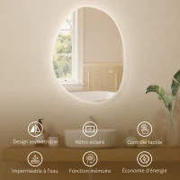 HOMCOM Miroir de Salle de Bain Asymétrique LED 70 x 50 cm - 3 couleurs, anti-buée, montage mural avec interrupteur tactile(m-8)