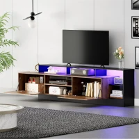 Dulap TV modern, cu iluminare LED și spațiu de depozitare deschis, 190x40x48,5 cm, Negru + Culoare naturală(m-6)