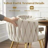 HOMCOM Velvet-Feel Dining Chairs Set of 2, Modern Upholstered Armchair with Knot Design and Golden Metal Legs, Accent Chair for Dining Room, Bedroom, Kitchen, Living Room, Cream(m-6)