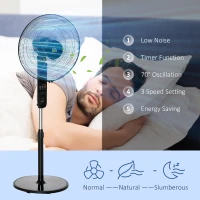 HOMCOM Ventilator de Podea cu Telecomandă, Reglabil pe Înălțime, 3 Viteze, Unghi de Înclinare Reglabil, Metal, Negru, Ø44,5x110-124H cm(m-7)