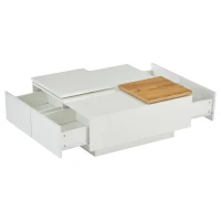 Tavolino da caffè moderno e lucido con piani scorrevoli e 4 cassetti, 75x75x33 cm, Bianco e color legno(m-15)