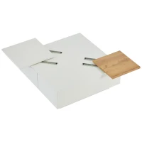 Tavolino da caffè moderno e lucido con piani scorrevoli e 4 cassetti, 75x75x33 cm, Bianco e color legno(m-10)