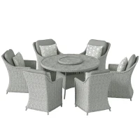 Outsunny Rattan Garden Dining Set with Turntable, Marble Effect Glass Round Garden Table and Chairs with Aluminium Frame, Grey(m-11)