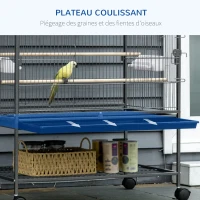 PawHut Cage à oiseaux sur pied volière oiseaux intérieur 4 perchoirs en bois et mangeoires fil d'acier gris foncé(m-4)