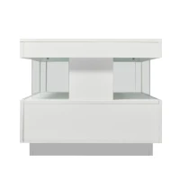 Tavolino da salotto moderno e lucido con illuminazione LED e 2 cassetti, 100x60x49.5 cm, Bianco(m-8)