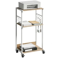 HOMCOM Soporte para Impresora de 3 Niveles con Ruedas Mueble para Impresora con Ganchos y Marco Metálico Madera Natural(m-10)