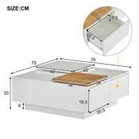 Tavolino da caffè moderno e lucido con piani scorrevoli e 4 cassetti, 75x75x33 cm, Bianco e color legno(m-3)