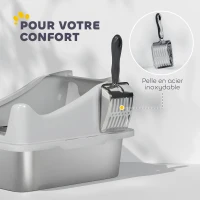 PawHut Bac à litière en acier inoxydable, maison de toilette pour chat, bords hauts, nettoyage facile, 43,1x33,2x25,4cm, gris(m-8)