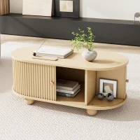 Table basse ovale avec rangement et portes coulissantes, 100x50x40 cm, Couleur naturelle(m-4)