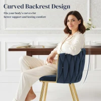 HOMCOM Velvet-Feel Dining Chairs Set of 2, Modern Upholstered Armchair with Knot Design and Golden Metal Legs, Accent Chair for Dining Room, Bedroom, Kitchen, Living Room, Dark Blue(m-5)