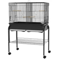 PawHut Gabbia per Uccelli da Interno con Vassoio, Ripiano e Ruote con Freno, 85x49x119 cm, Nero(m-10)
