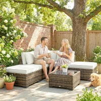 Outsunny Conjunto de Jardim Exterior de Rattan de 6 Peças com Cadeira de Canto, 2 Cadeiras sem Braços, Apoio para Pés e Mesa, Amarelo(m-8)