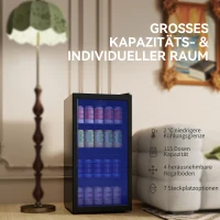 HOMCOM Mini Kühlschrank 93L Kühlbox mit Glastür, verstellbaren Regalen, LED, Temperaturregelung, 47,2 x 43,7 x 83,3 cm Schwarz(m-4)