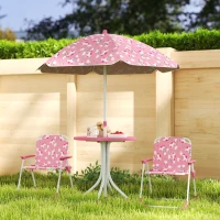 AIYAPLAY Salon de jardin enfant, table enfant avec 2 chaises pliantes et parasol amovible Ø 100 cm, motif jungle, rose(m-10)