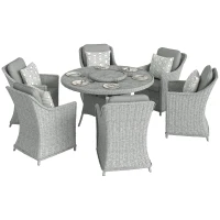Outsunny Rattan Garden Dining Set with Turntable, Marble Effect Glass Round Garden Table and Chairs with Aluminium Frame, Grey(m-10)