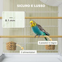 PawHut Gabbia per Uccelli a 4 Porte con 2 Ciotole, 2 Posatoi e Vassoio, in Metallo e Plastica, 47.5x36x54.5 cm, Bianco(m-4)