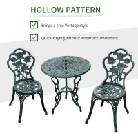 Outsunny 3-Piece Outdoor Garden Bistro Set, Cast Aluminium Antique Floral Print Coffee Table and Two Single Seat with Umbrella Hole, Green(m-16)