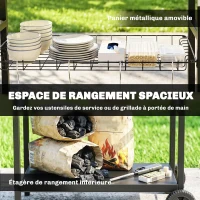 Outsunny Desserte Jardin à 3 Niveaux, Plan de Travail Inox, Roues, Crochets, Panier Amovible, Poignée Latérale, 114x61x81cm, Noir(m-5)