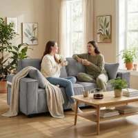 HOMCOM 218 cm 3-Sitzer Sofa, modernes Cord-Sofa mit Taschenfeder-Polsterung, breiten Armlehnen und 2 Kissen, hellgrau(m-2)