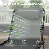 Outsunny Bain de Soleil transat Pliable Dossier inclinable Multi-Positions Acier thermoplastique Lacets élastiques Noir textilène Gris(m-5)