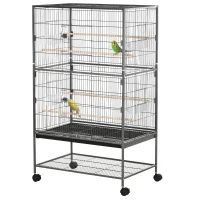 PawHut Cage à oiseaux sur pied volière oiseaux intérieur 4 perchoirs en bois et mangeoires fil d'acier gris foncé(m-1)
