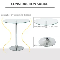 HOMCOM Table à manger ronde pour 2 personnes, table de cuisine moderne avec plateau en verre trempé et base en acier, argenté(m-4)