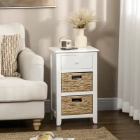 HOMCOM Table d'appoint, Bout de canapé, Chevet avec 1 tiroir et 2 paniers amovibles naturels effet rotin et MDF blanc(m-10)