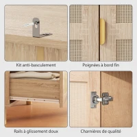 HOMCOM Armoire chambre penderie avec 2 portes en rotin, 2 tiroirs et barre de suspension, 63 x 47 x 185 cm, bois naturel(m-7)