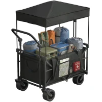 Outsunny Carro de Jardín Plegable con Ruedas Grandes Bloqueables Barra Ajustable Portavasos para Campaña 125x59x133 cm Negro(m-11)