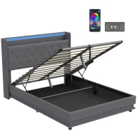 HOMCOM Pat cu depozitare 140x190cm iluminare LED și stație de încărcare cadru pat dublu tapițat in depozitare hidraulică gri(m-1)