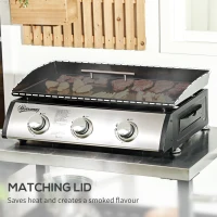 Outsunny Grill gazowy z pokrywą, 3 palniki, tłuszcz zatrzymywany w tacy, płyta z powłoką nieprzywierającą, 63x47x25 cm, Czarny/Srebrny(m-6)