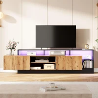 Dulap TV modern, cu iluminare LED și spațiu de depozitare deschis, 190x40x48,5 cm, Negru + Culoare naturală(m-5)