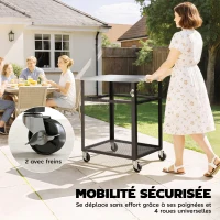 Outsunny Desserte jardin chariot de barbecue sur roulettes plateau en acier inoxydable étagère crochets, 82 x 55 x 79 cm, noir(m-6)