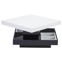 Tavolino da caffè lucido e girevole a 2 livelli con ripiano portaoggetti, 70x70x36 cm, Bianco e Nero(m-13)