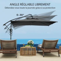 Outsunny Parasol déporté carré 3 x 3 m avec manivelle, base croisée, parasol inclinable rotation à 360° toile 180 g/m² gris foncé(m-6)