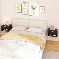 HOMCOM Set of 2 Wall Mounted Nightstands, Floating Bedside Tables with Fluted Drawer and Open Shelf for Small Bedroom, Black(m-8)