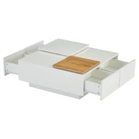 Tavolino da caffè moderno e lucido con piani scorrevoli e 4 cassetti, 75x75x33 cm, Bianco e color legno(m-14)