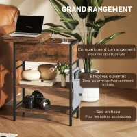 HOMCOM Table d'appoint bout de canapé avec station de charge et sac de rangement, 60 x 29,8 x 58,5 cm, brun rustique(m-5)