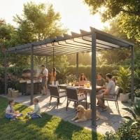 Outsunny Pérgola de Jardim 3x5,7 m com Teto de Lamas Ajustável a 90° Manivela Estrutura de Alumínio UPF50+ Cinzento Escuro(m-2)