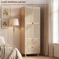 HOMCOM Armoire chambre penderie avec 2 portes en rotin, 2 tiroirs et barre de suspension, 63 x 47 x 185 cm, bois naturel(m-6)