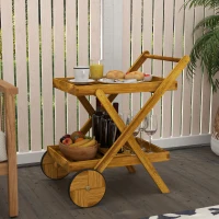 Outsunny Desserte de jardin chariot pour barbecue en bois avec 2 plateaux, 3 casiers à bouteilles et 2 roues bois naturel(m-10)