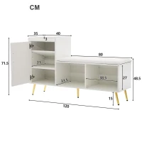 Mobile scarpiera lucido con panca imbottita, ripiani regolabili e dettagli dorati, 120x35x71.5 cm, Bianco(m-3)