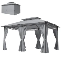 Outsunny Pérgola para Jardim 3x4 m Pérgola de Exterior com Telhado Duplo 6 Paredes Laterais Estrutura Metálica  Cinzento Escuro(m-11)